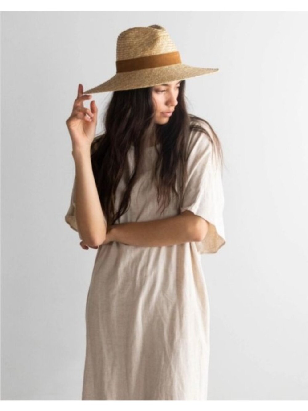 Gigi Pip Isla Wide Brim Wheat Straw Fedora Sun Hat Camel Suede Band One Size